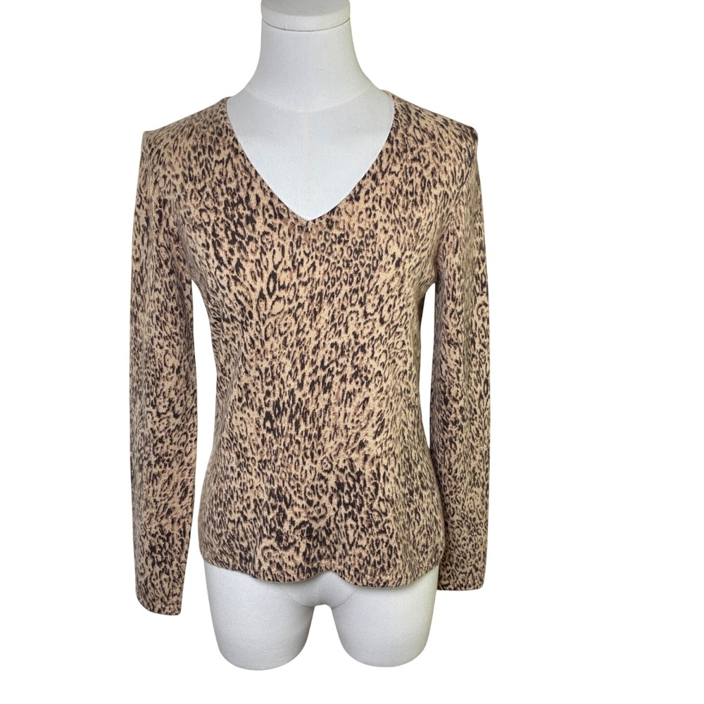 Charter Club Leopard Cashmere V Neck Sweater Tan Brown Animal Print Size S